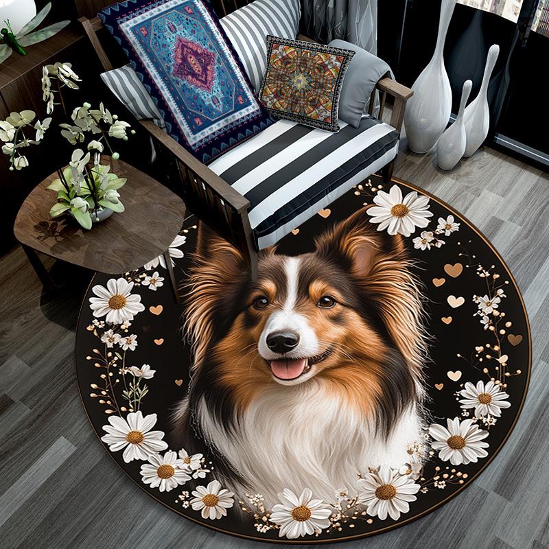 Collie Dog Round Area Rug,Carpet Rug for Living Room Bedroom Sofa Playroom Decor,Non-slip Floor Mat