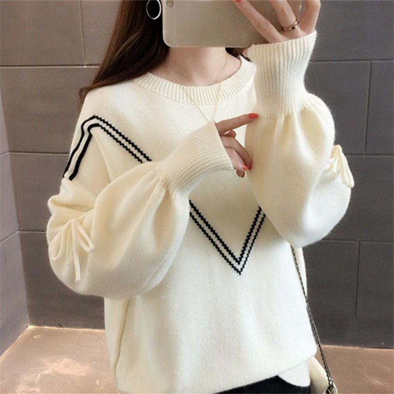Women's Autumn Korean Style Versatile Crew Neck Loose Sweater Knitwear Short Pullover Base Layer Top