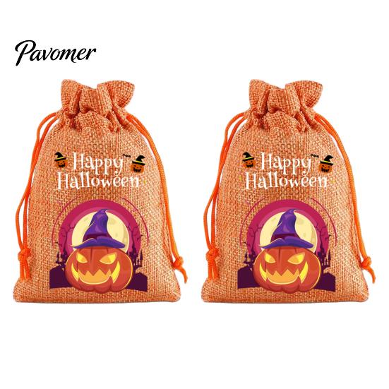 Trick or Treat Party Souvenirs 2Pcs Halloween Pumpkin Drawstring Bags for Candy Treats, Retro Burlap Rustic Linen Goodie Bags, Portable Kids