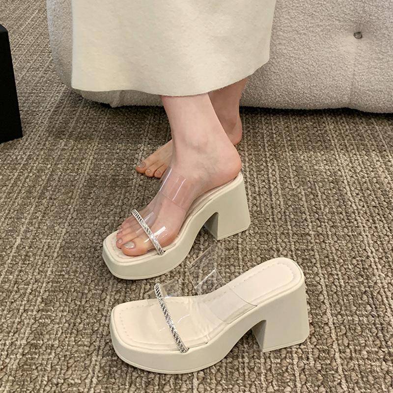 Thick-soled High-heeled Slippers for Women's Summer Outer Wear New Year's Transparent One-word with Rhinestone Thick Heel Premium Cool Slippers
