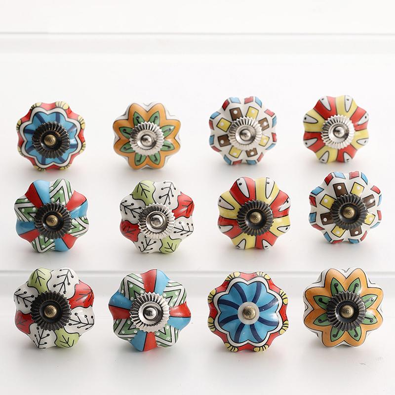 1PC Iron Material Vintage Cabinet Handle European Style Painted Pattern Exquisite Pumpkin Shape Home Decoration Multicolor