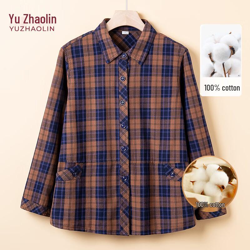 Yuzhaolin Women s Pure Cotton Plaid Long-Sleeve Shirt L