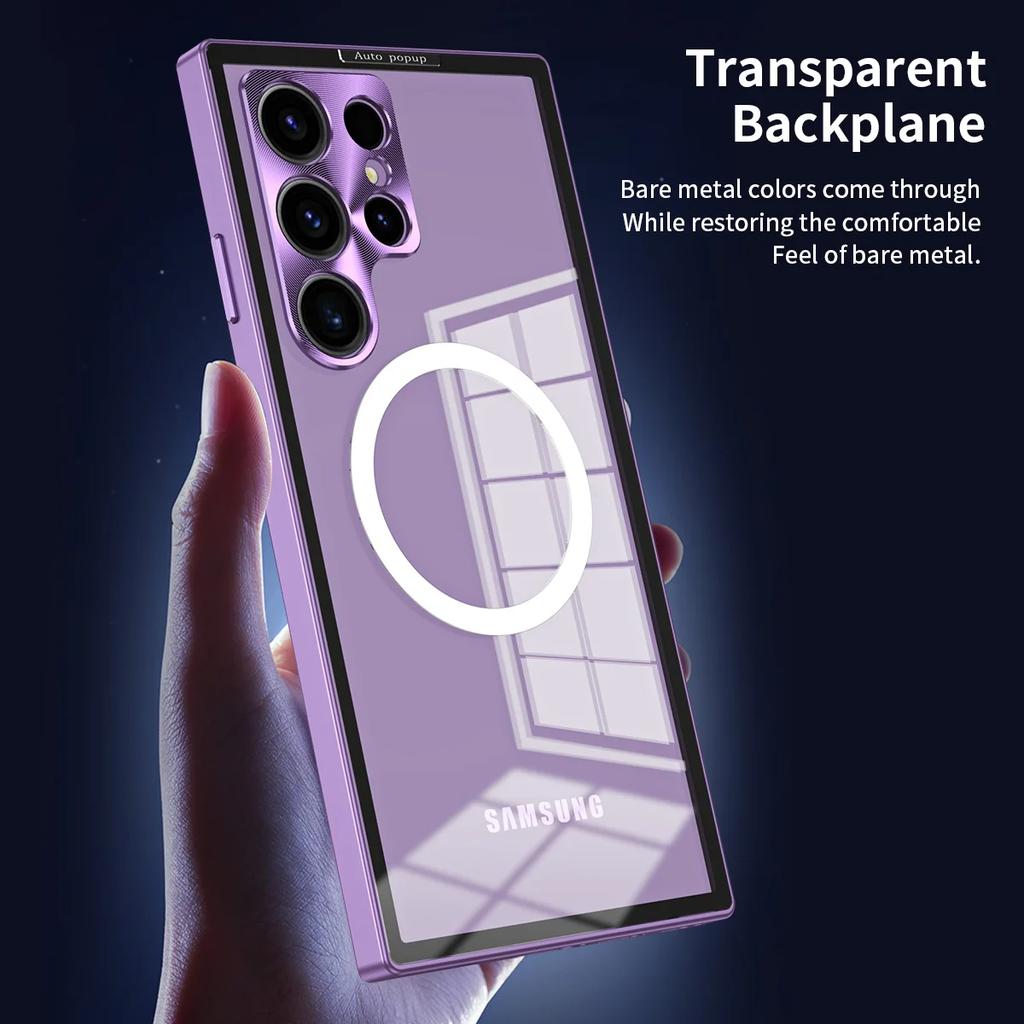 Transparent Case for Samsung Galaxy S24 Plus Ultra Magnet Pop-up Back Panel for Magsafe Wireless Charging Luxury S24Ultra Cover