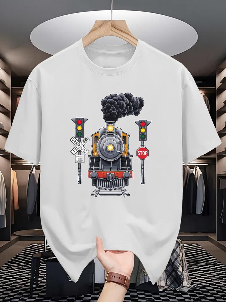 Classic Steam Locomotive Railway Crossing Graphic Mens Crew Neck T Shirt Retro Train Print Short Sleeve Casual Cotton Summer Top