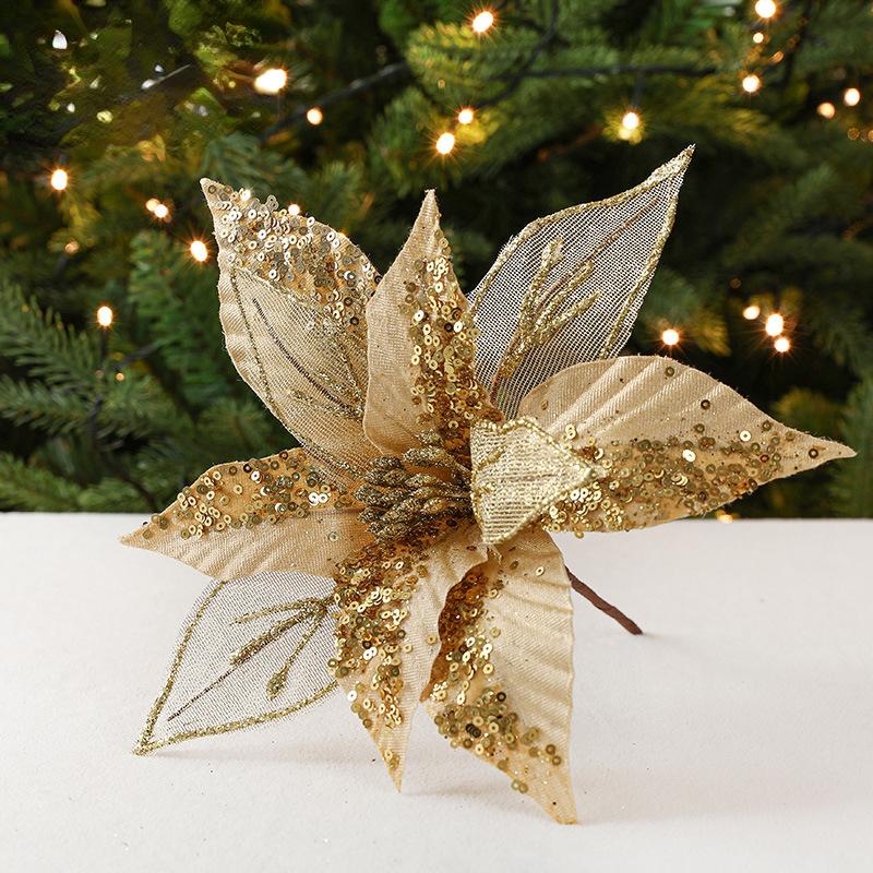 

Блестящие рождественские цветы, елочные украшения, домашние искусственные цветы, рождественские украшения, новогодние украшения золотой