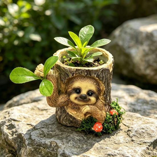 Artificial Stump Planter Resin Tree Bark Shape Flower Pot with Koala/Frog/Sloth Rustic Small Barrel