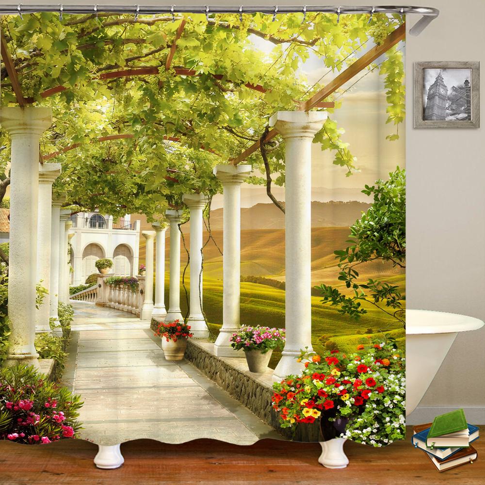 

European Landscape Shower Curtain Waterproof Bathroom Curtain Polyester Fabric Bath Curtains 3D Printed With Hooks Bath Screen W60H190(CM)-1 Pcs