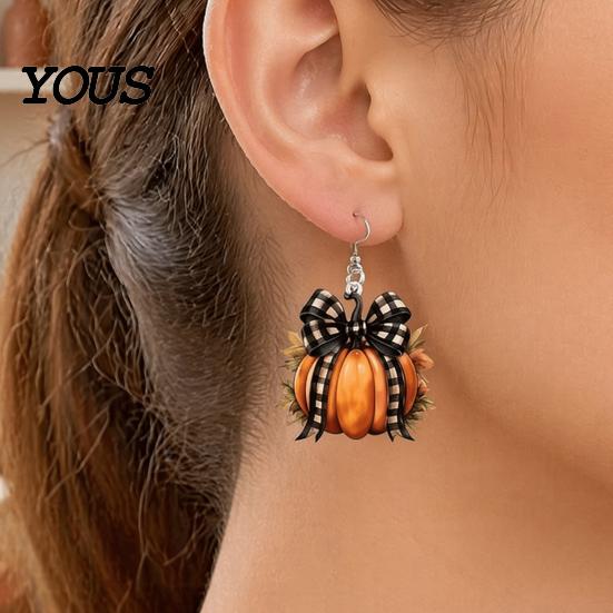 Autumn Theme Jewelry 1 Pair Pumpkin Earrings for Women, Acrylic Dangle Drop Cute with Plaid Bow, Halloween Fall Holiday Party Lightweight Accessories