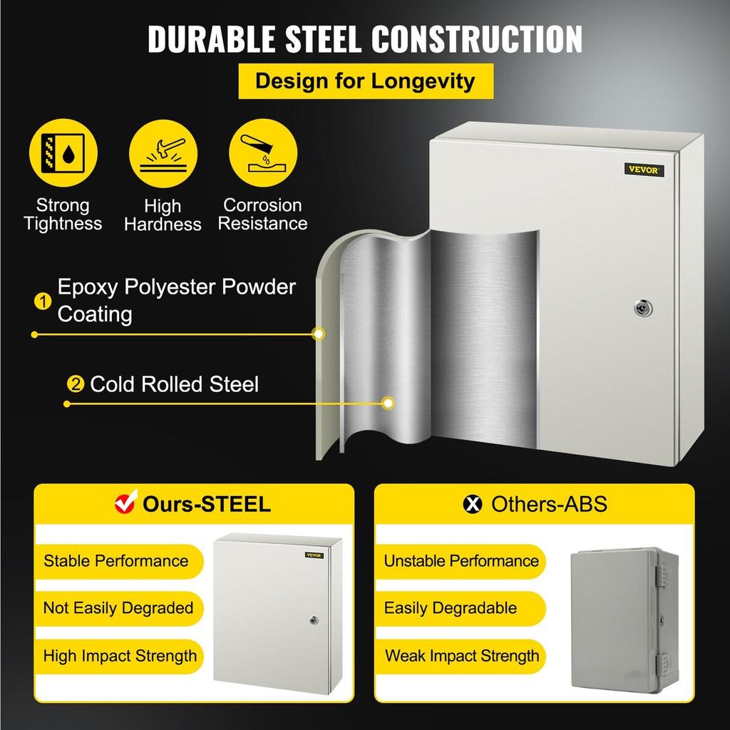 NEMA Steel Enclosure, 20 x 16 x 6\'\' NEMA 4X Steel Electrical Box, IP66 Waterproof & Dustproof, Outdoor/Indoor Electrical Junction Box, with Mounting