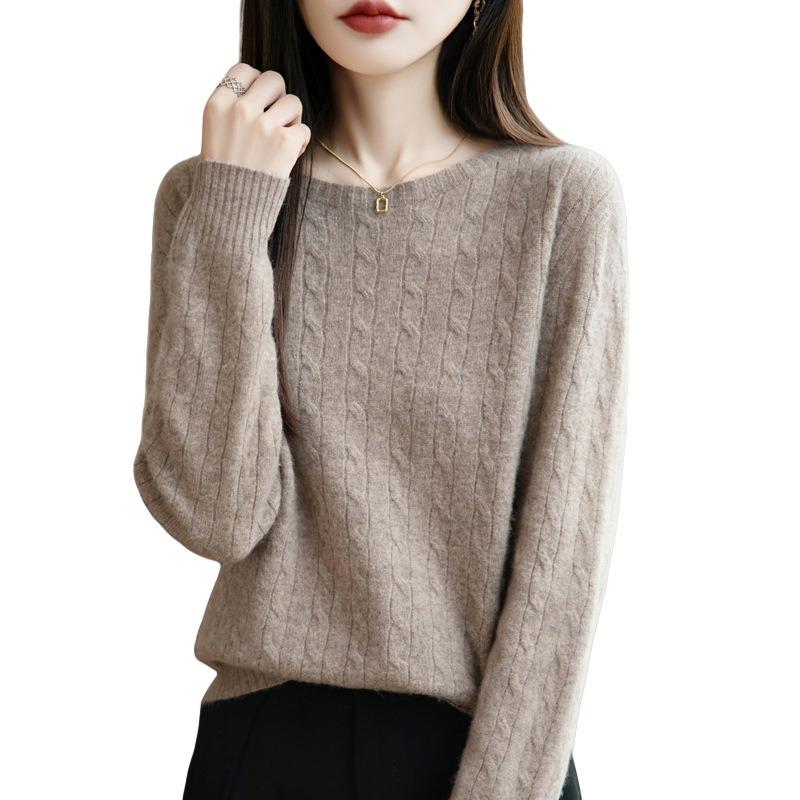 Casual Simple Women Fashion Sweater Round Neck Cable Knit Pullover Tops Loose Long Sleeve Pullover Base Layer Autumn Winter Comfortable Warm Knit Top