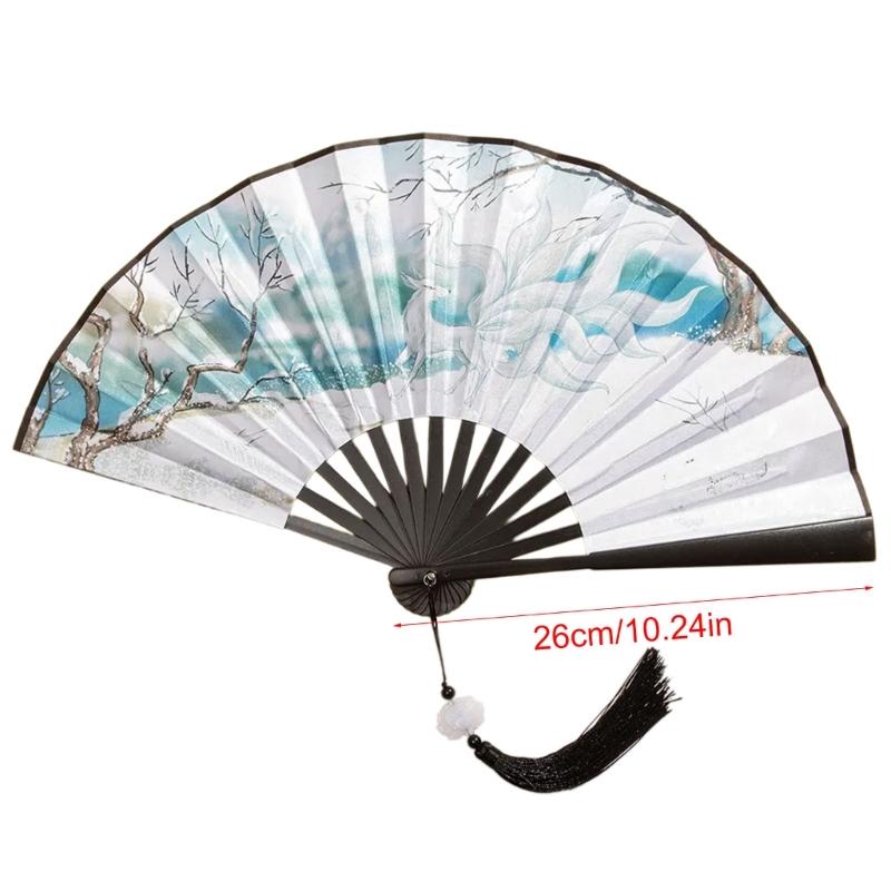 Chinese Double Sided Painting Folding Fan Vintage Handhelds Fan with Tassels Plastic Foldable Hand Fan for Parties