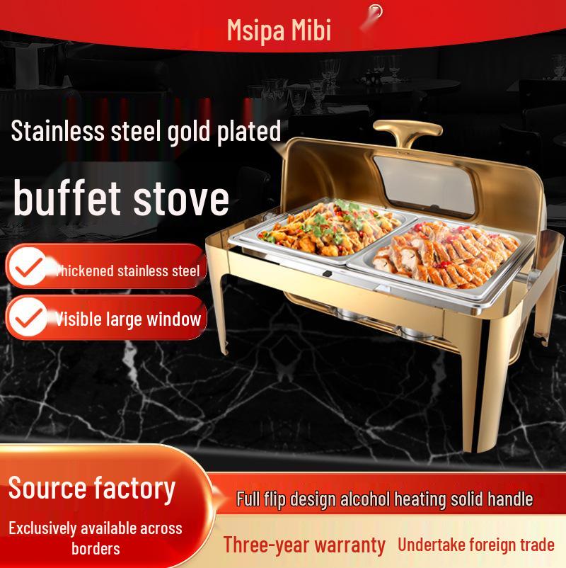 Gold-Plated Stainless Steel Chafing Dish with Glass Lid