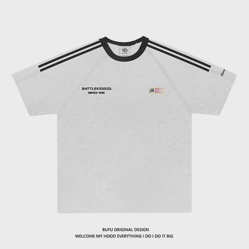 Unisex Summer Street Style Three-Bar Flag Print Short-Sleeve T-Shirt