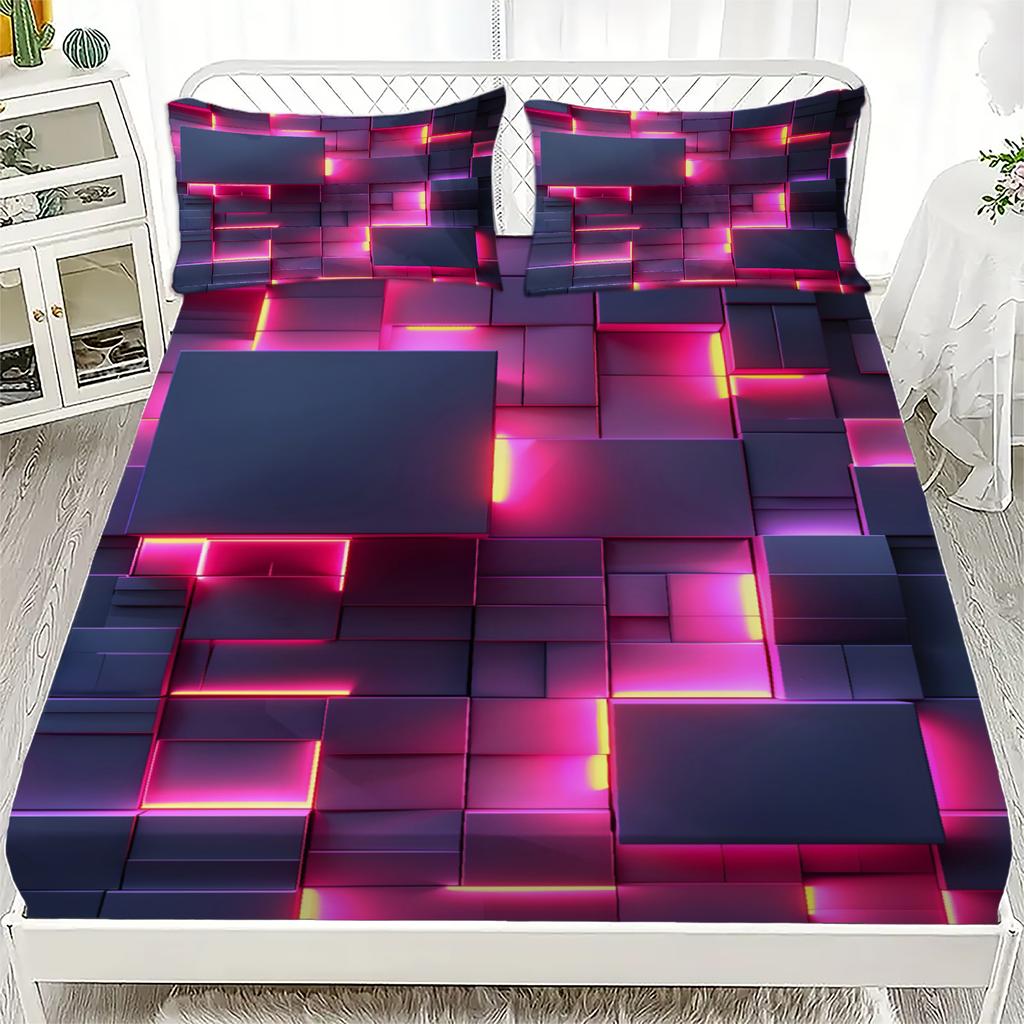 3pcs Fitted Sheet Set Colorful Visual Splendor 3D Print 100% Polyester Breathable Bedding Set for Home Decor with 2 Pillowcases