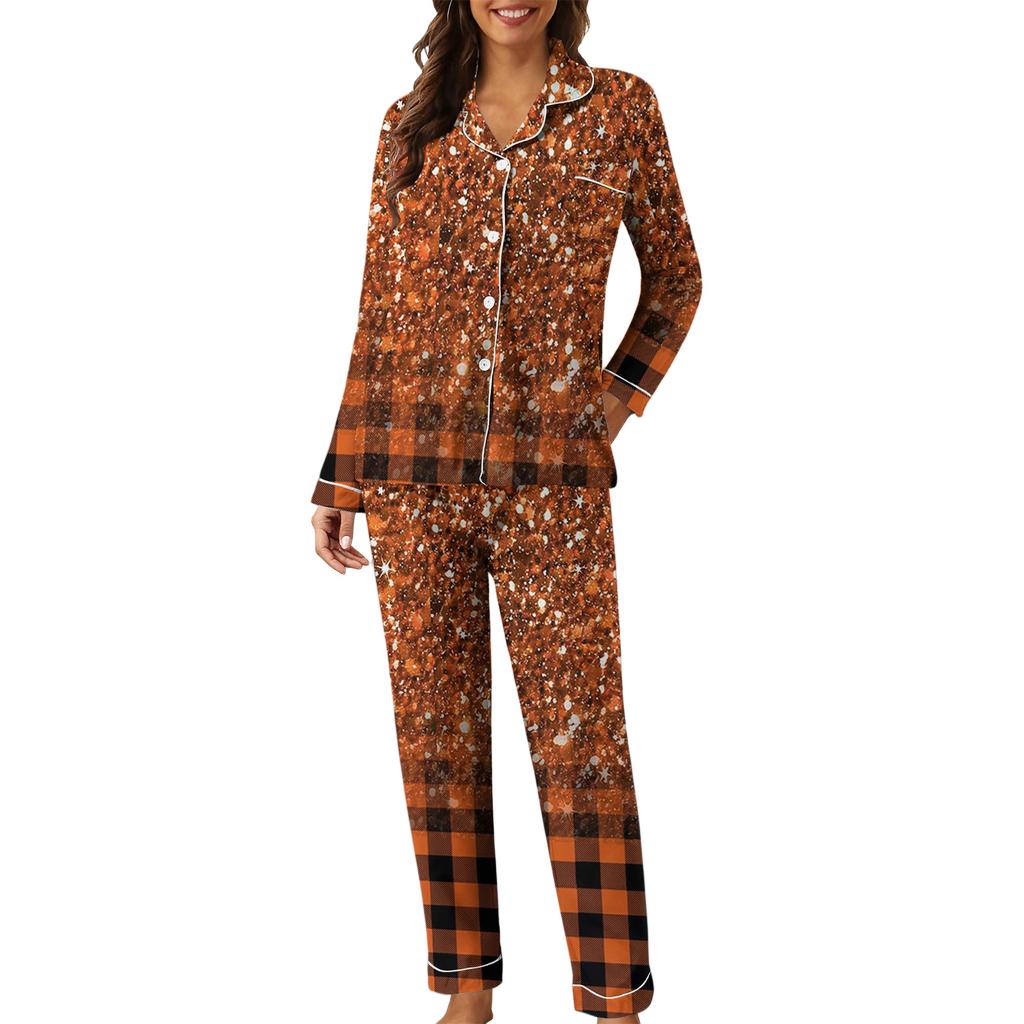Damen Casual Mode Karomuster Patchwork Druck Langarm Hose Loungewear Set