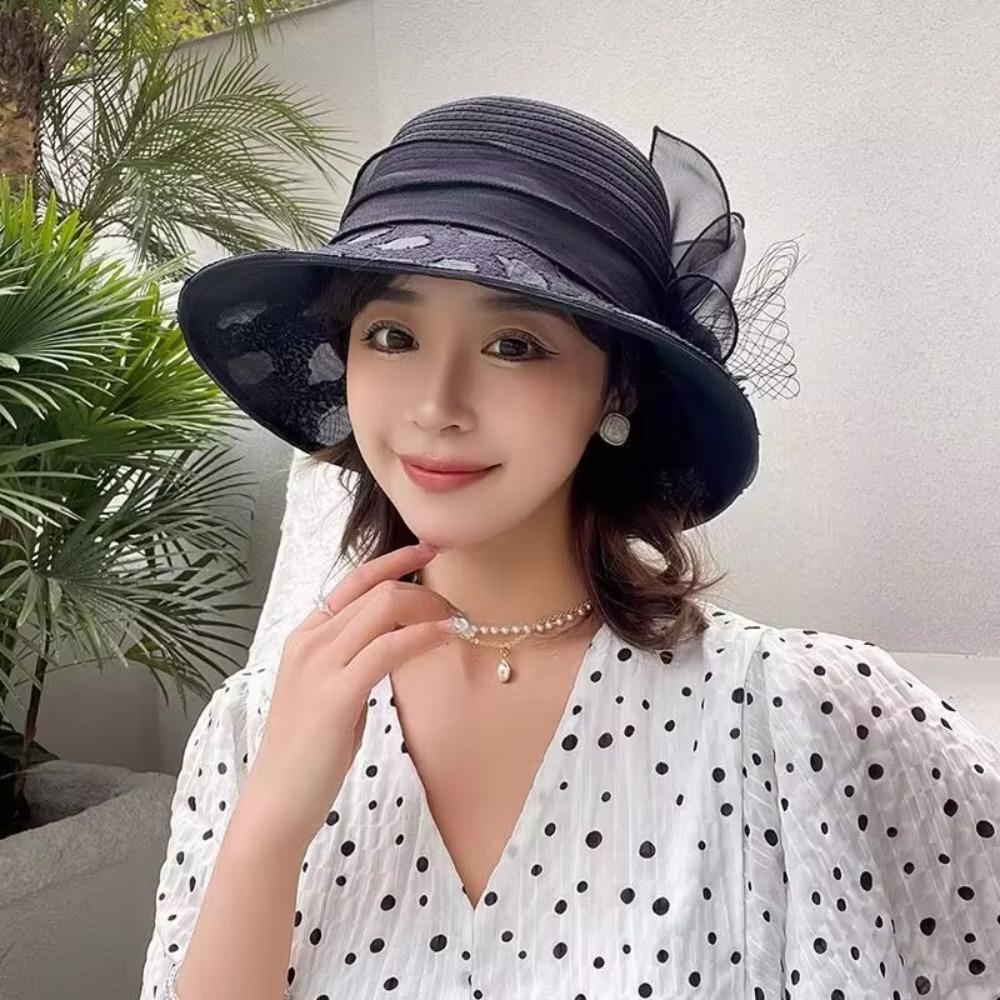 Breathable Bridal Tea Party Wedding Hat Wide Brim Beach Hat Elegant Organza Hat  Summer