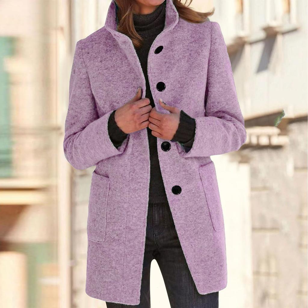 Women's Casual Coat Solid Color Long Sleeved Button Up Collar Pocket Woolen Jacket