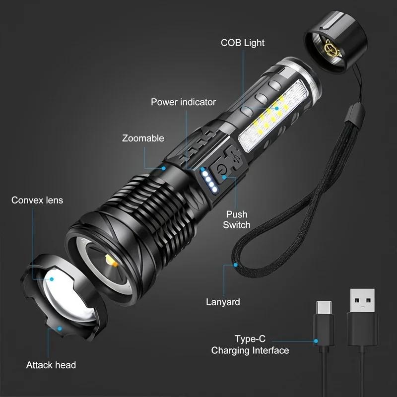 Rechargeable LED Flashlight 7 Modes Zoomable Tactical Torch Waterproof Handheld Work Light for Outdoor Camping Fishing Hunting