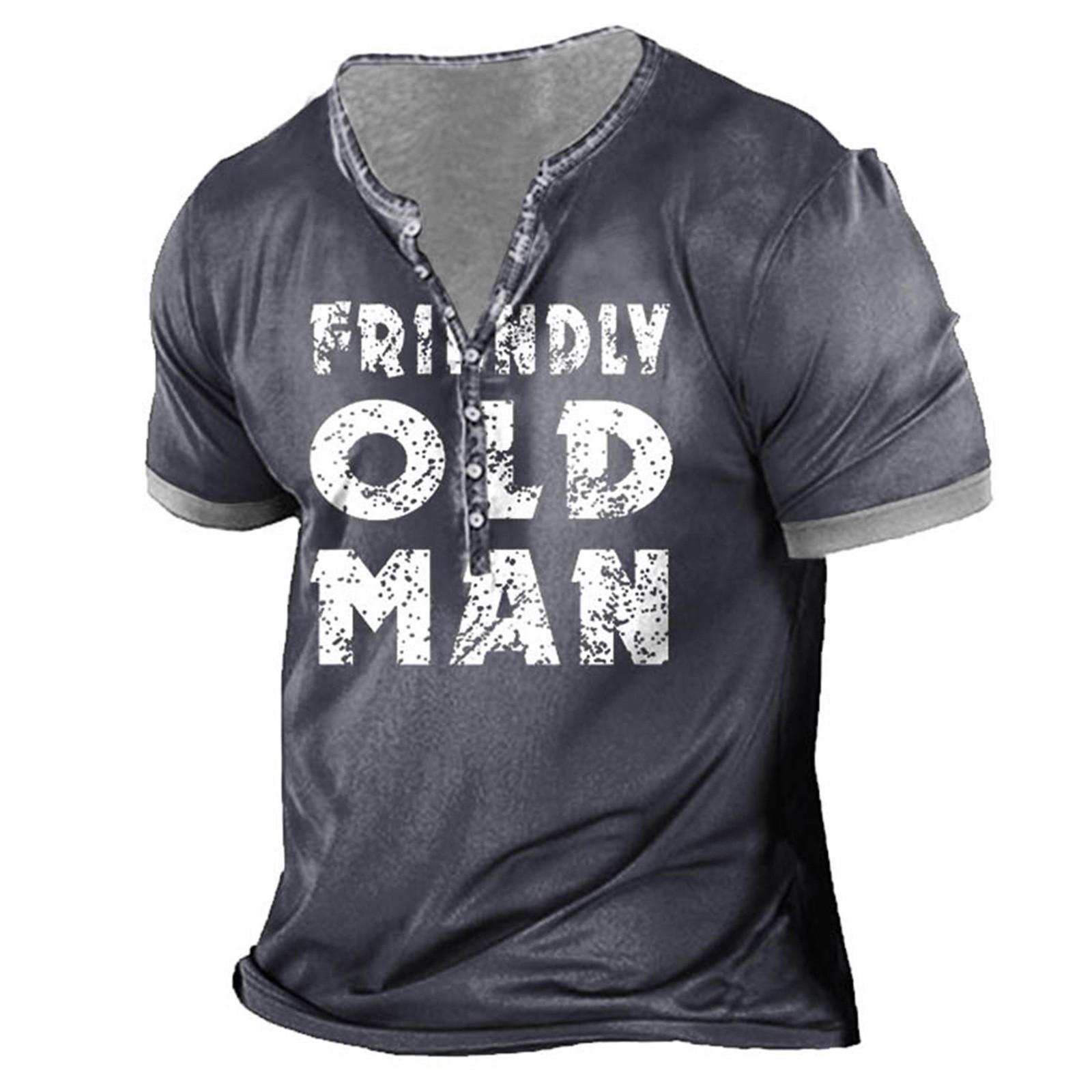 

Men S Printed T-Shirt Outdoor Retro Button Loose Short Sleeve Top XXXL