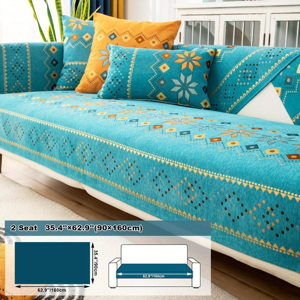 1pc Bohemia Chenille Sofa Cover, Geometric Embroidery Sofa Slipcover, Thick Plush Sofa Protector Cover, for Bedroom Office Living Room Home Decor