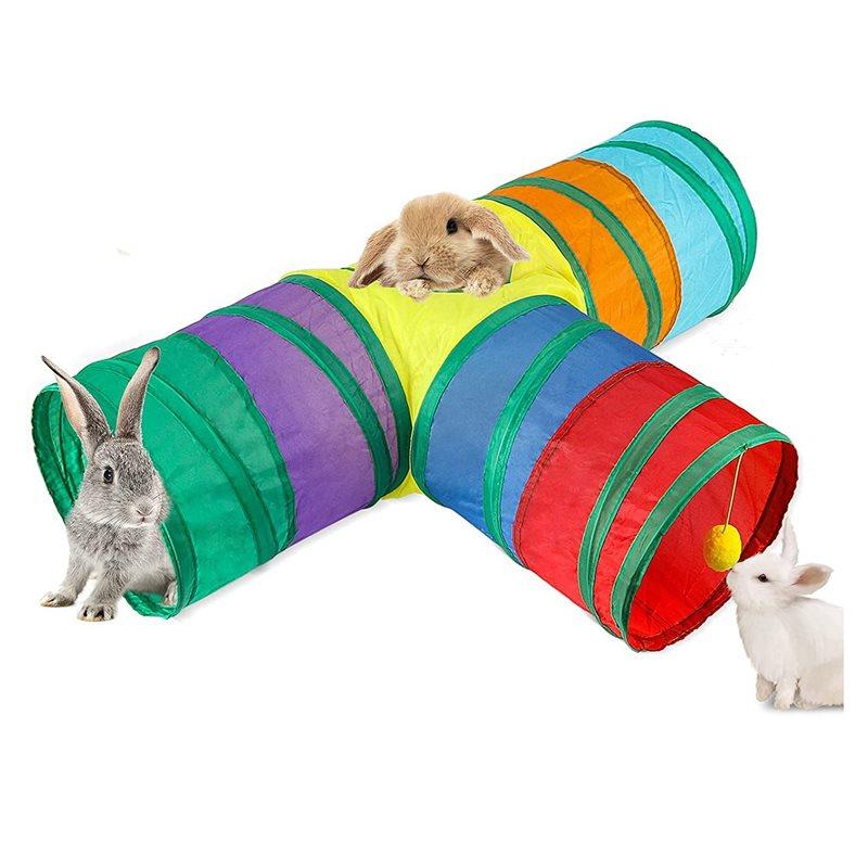 Premium-2X Bunny Tunnels & Tubes Collapsible 3 Way Bunny Hideout Small Animal Activity Tunnel For Dwarf Rabbits Bunny Kitty