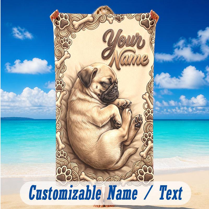 Dog Theme Beach Towel Personalized Custom Name & Text Soft Quick Dry Beach Towel for Swimming Travel