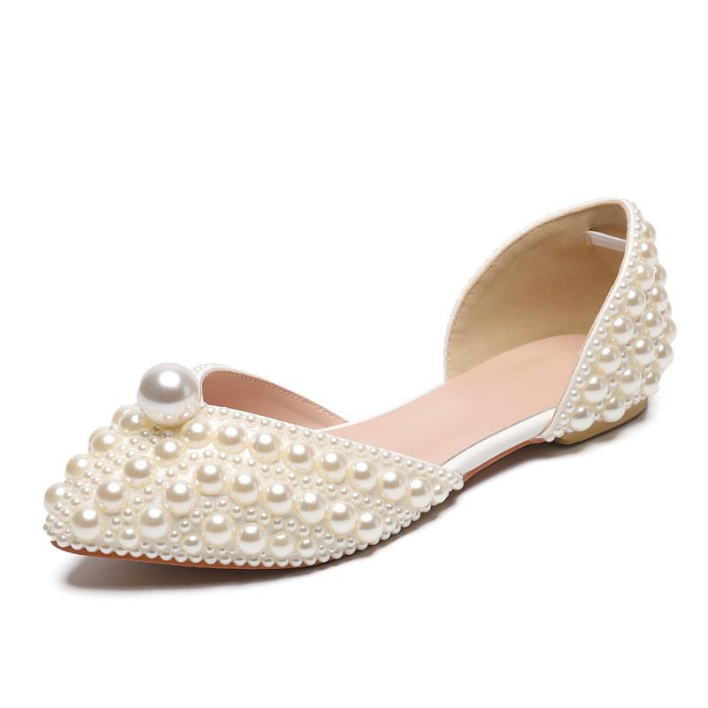 Fashion Luxury Handmade Full Pealrs Beading Women Flats Pumps Elegant Pointed Toe Party Banquet for Girls Fashion Wedding Bridal Shoes