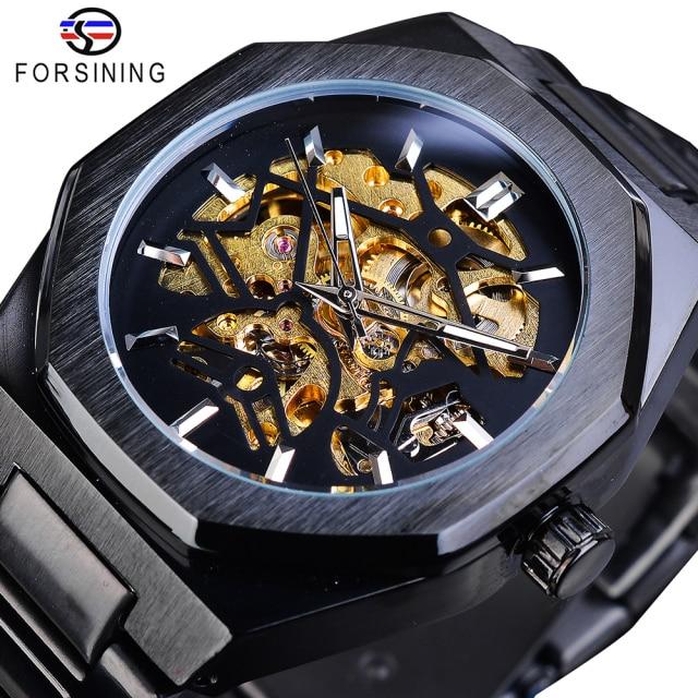 Forsining Fashion Steampunk Luxury Black Dial Mens Automatic Mechanical Watch Waterproof Skeleton Design Relogio Wristwatches