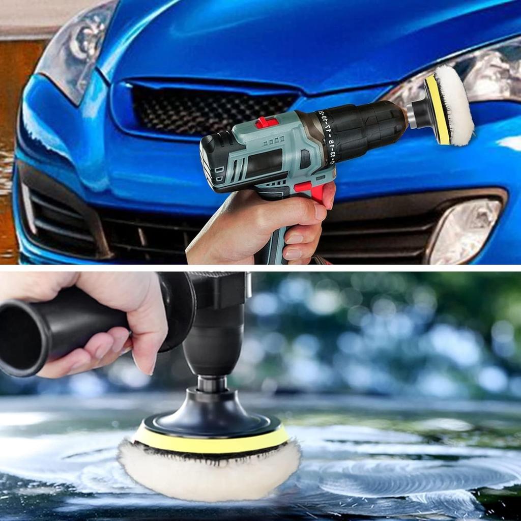 7PCS 3 inch Wool Polishing Buffing Pad, Car Buffer Polisher Kit with Hook and Loop Back, for Drill Buffer Attachment with M10 Drill Adapter