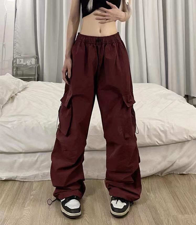 YK Harajuku Vintage Straight Pocket Pleated High Street Hip Hop Casual Parachute Pants Loose Tooling Wide Leg Trousers