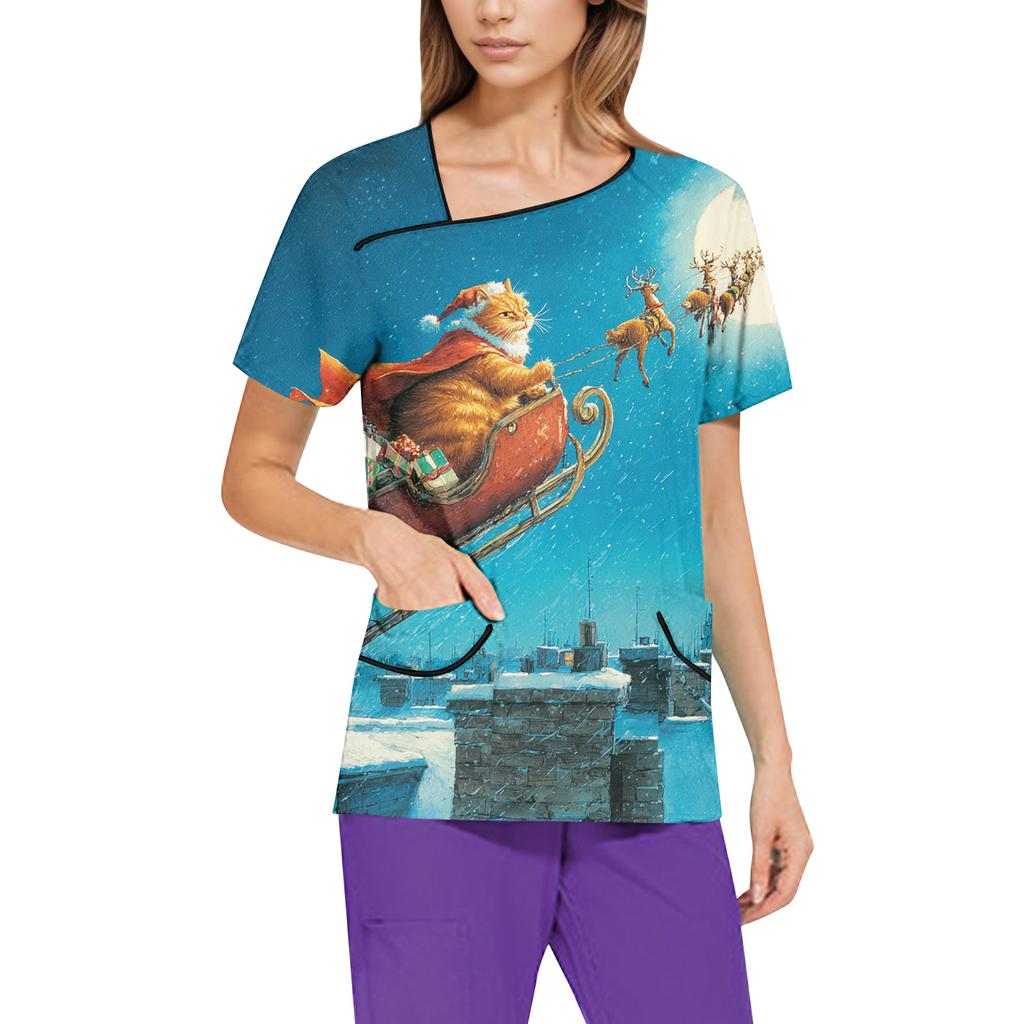 Women's Printed Work Clothes, Sloping Collar And Double Layer Pockets, Basic Top Pullover