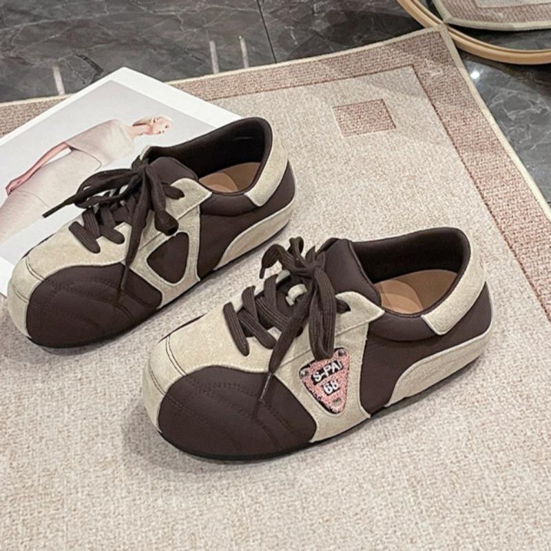 Mode Ballerinas Herbst Neu Runde Zehenpartie Colorblock Schnürung vorne Weiche Sohle Rutschfest Abriebfest Sneaker