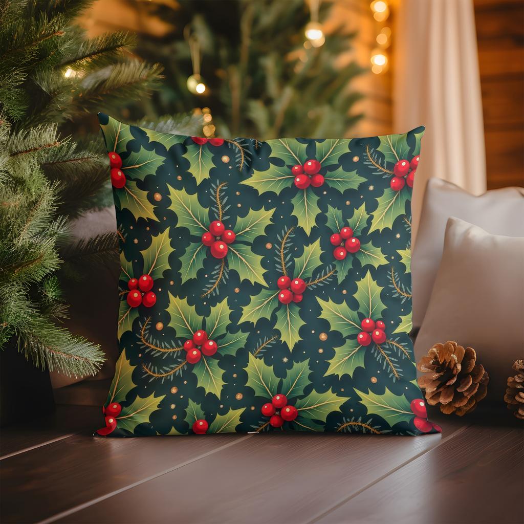 Home Decor Christmas Holly Wreath Pillow Cover Decor Pattern Cushion Cover Suitable For Sofa Bedroom Car Pillow Cover