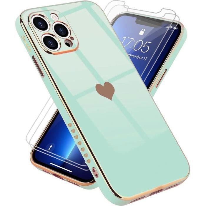 Coque de Protection - BOOLING - pour iPhone 13 Pro - Turquoise - Lot de 2 Verres Trempés - Motif Cœur Mignon