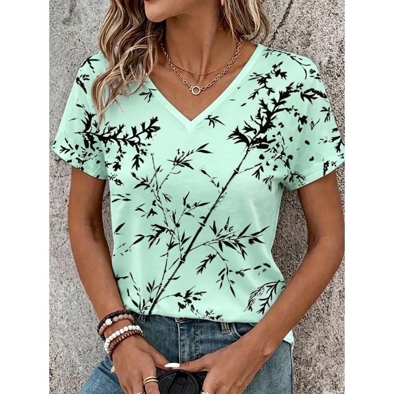 Women's V-Neck Light Pink Floral Print Short Sleeve T-Shirt, Casual Tops for Spring & Summer