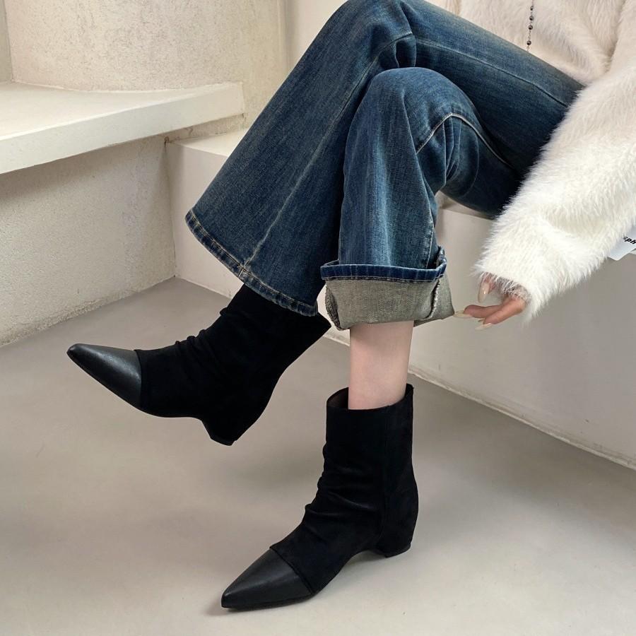 Women's shoes real shot pointed retro elastic boots autumn and winter suede splicing thin boots rear zipper versatile solid color