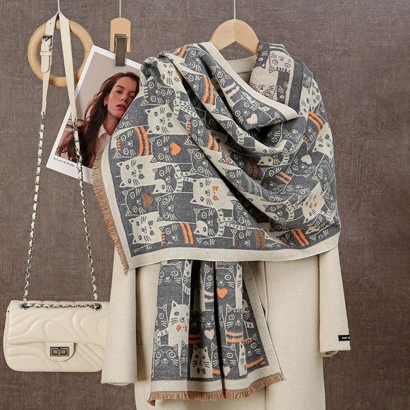 New Cute Cat Scarf Women's Autumn and Winter Velvet Thickened Imitation Cashmere Shawl with Warm Scarf Women