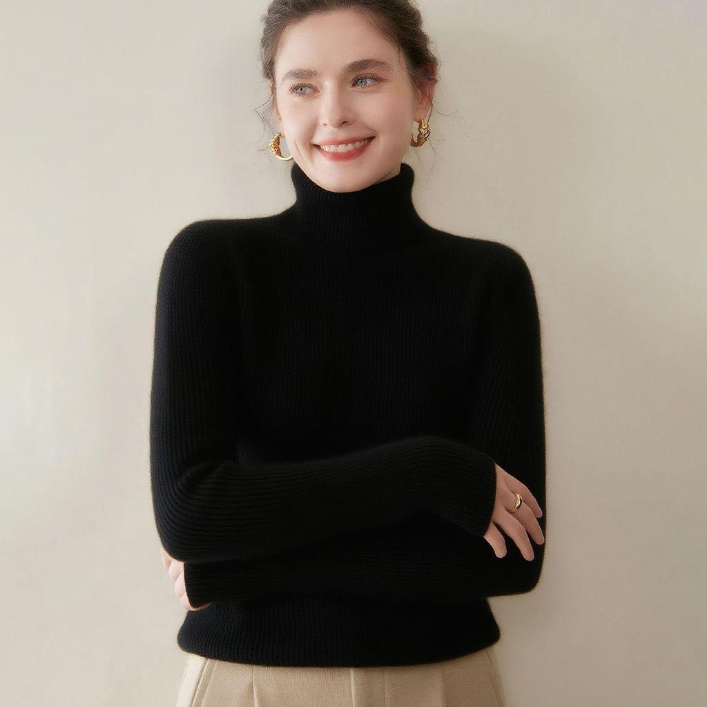 Women's Striped High-Neck Cashmere Sweater: Autumn/Winter Slimming Wool Pullover and Base Layer Knitwear