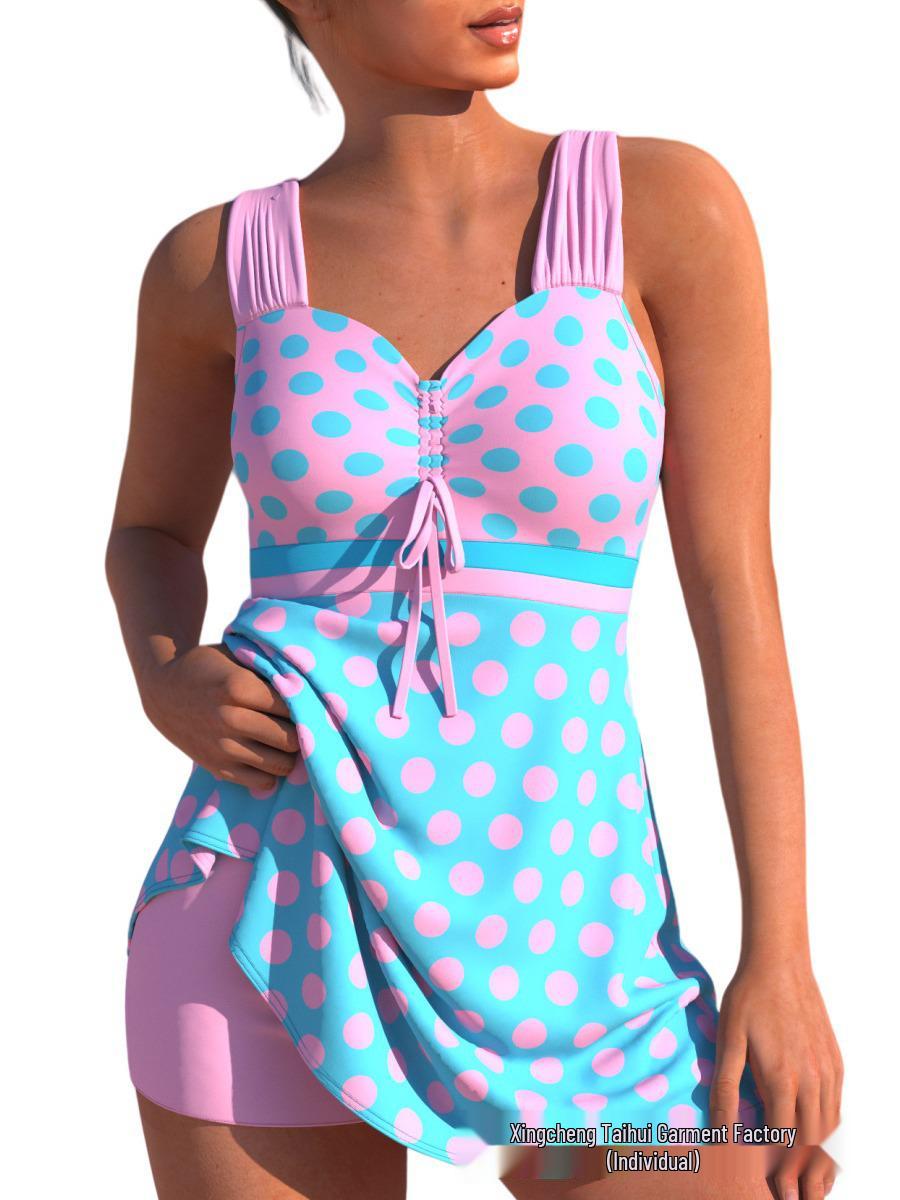 

2025 Women s High Waist Tankini: Striped Print Two-Piece Skirt Swimsuit L синий/розовый