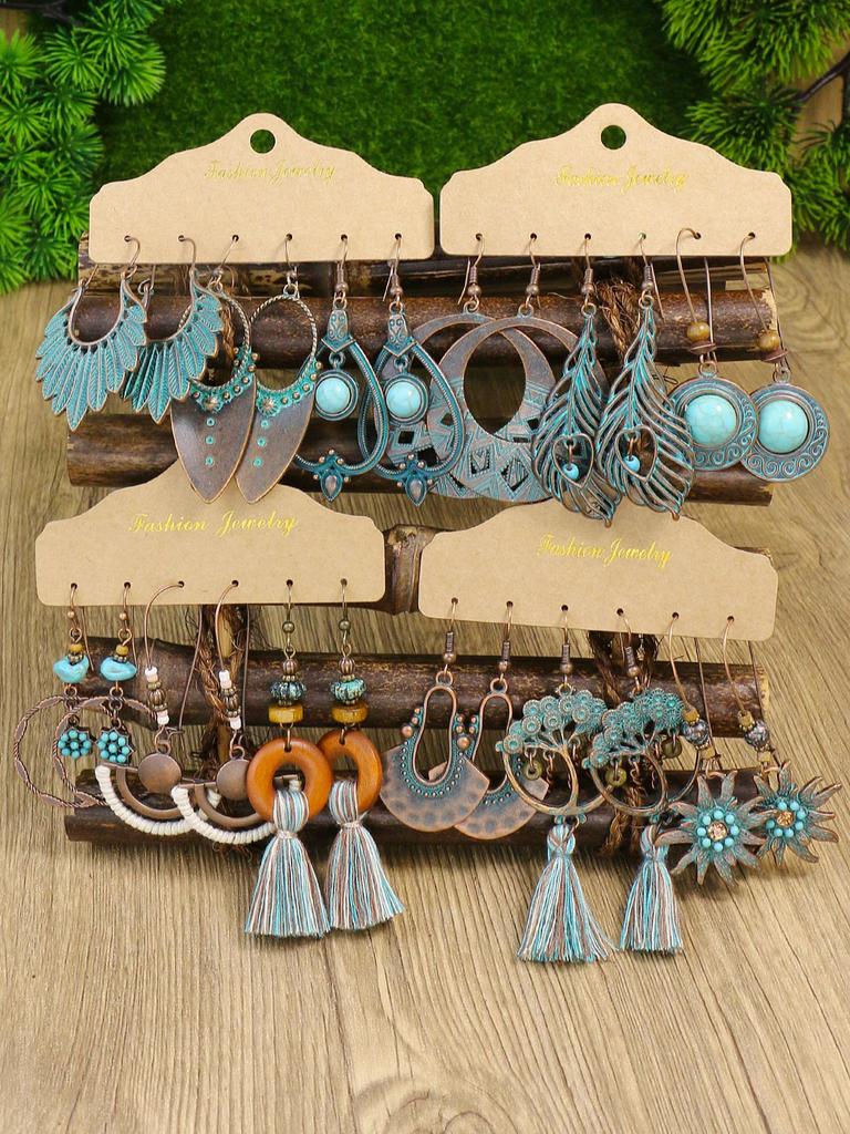 Vintage Bohemian Blue Stone Beads Dropped Earrings for Women's Tassel Ethnic Geometry Long Tassel Earrings Fashion Zircon