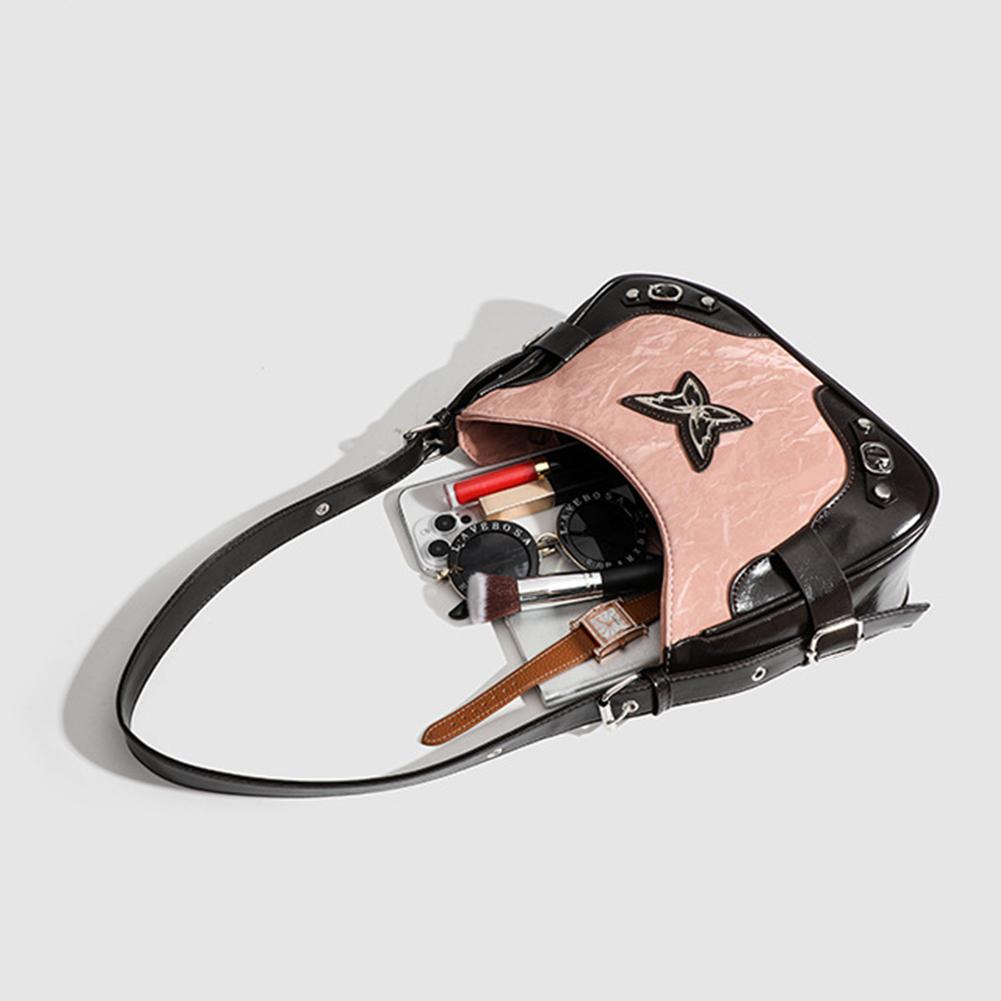 - Women Vintage Shoulder Bag PU Leather Butterfly Contrast Color Female Street B