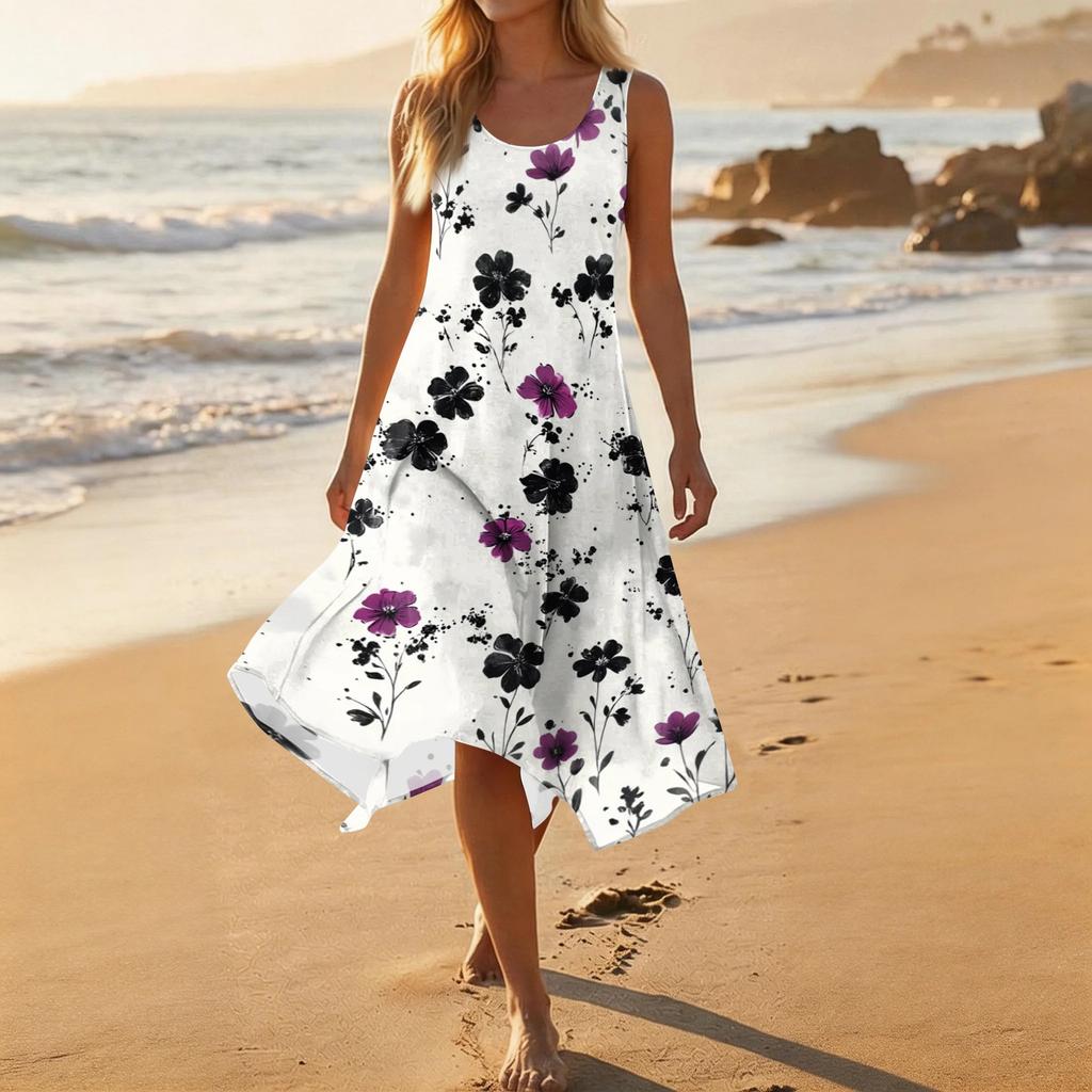 Ärmelloses Sommerkleid mit Blumenprint für Damen, Rundhalsausschnitt, unregelmäßiger Saum, mittellang, leicht, bequem