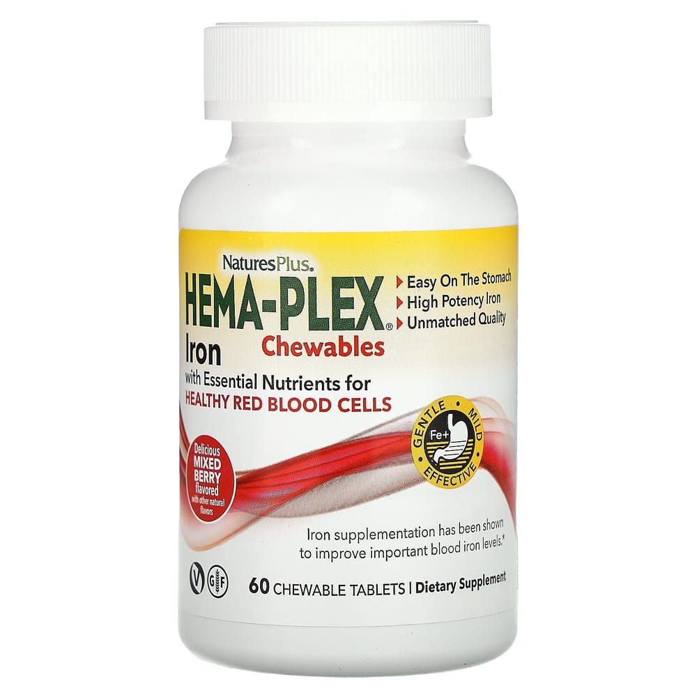 Nature's Plus Hema-Plex Iron Chewable Tablets, Mixed Berry Flavor, 60 Count