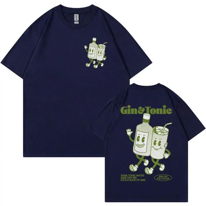 

GIN AND TONIC Meme T Shirt Unisex Retro Cartoon Aesthetic T Shirts Men Summer Fashion Funny Cocktail Meme Graphic T-shirt S темно-синий