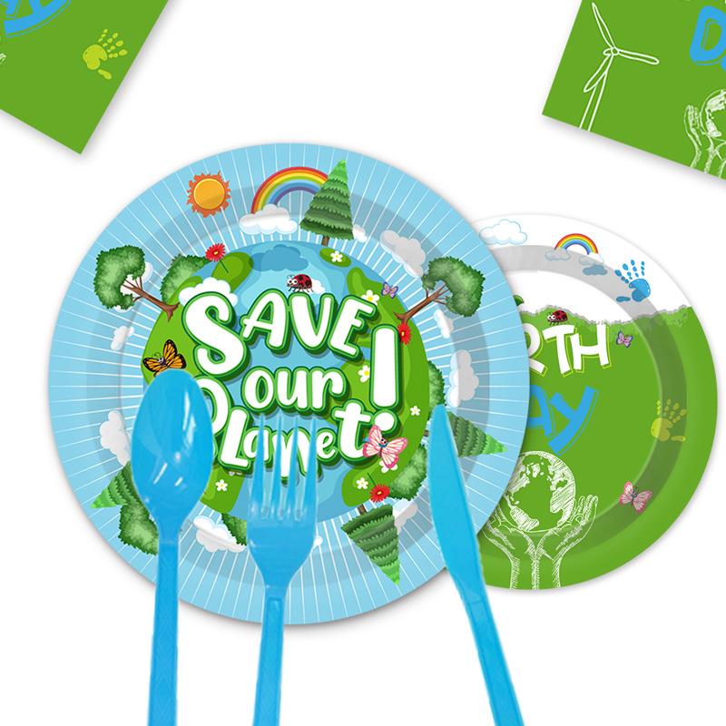 Environmental Earth Day Theme Party Tableware Set Disposable Paper Plate Paper Cup Paper Towel Tablecloth Flag Arrangement Supplies