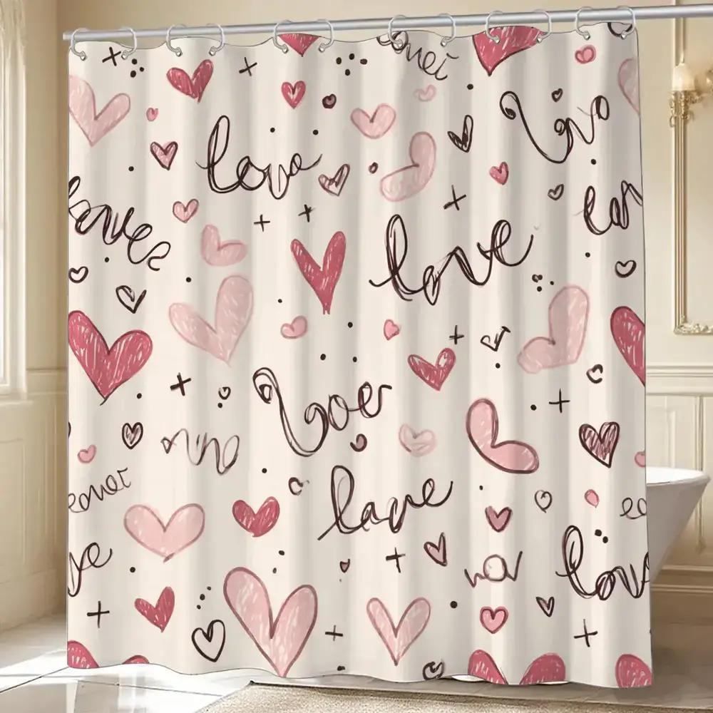 

Love Heart Shower Curtain 1pc – Hand-Drawn Words & Pink Hearts, Romantic Script Art for Valentine’s Day or Bedroom Decor 90X180cm(35x70in)