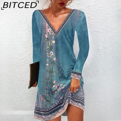 Spring/Summer Women's New Name Style Printed Casual V-Neck Long Sleeve Dresses