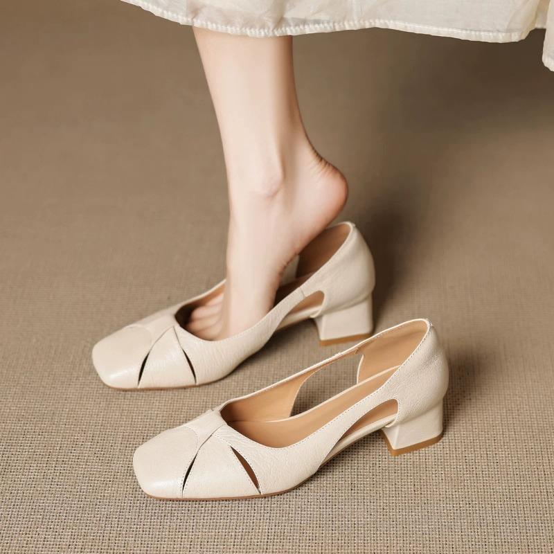 

Sheepskin square head hollow sandals women s summer wear hole shoes retro shallow mouth side air breathable thick heel single shoes 35