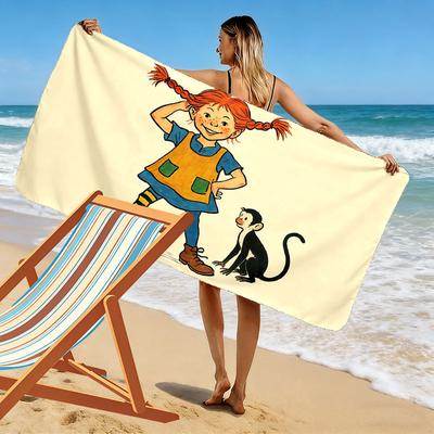 Pippi Cartoon Print Beach Towel, Large Soft Quick Dry Towel for Beach Camping Swimming