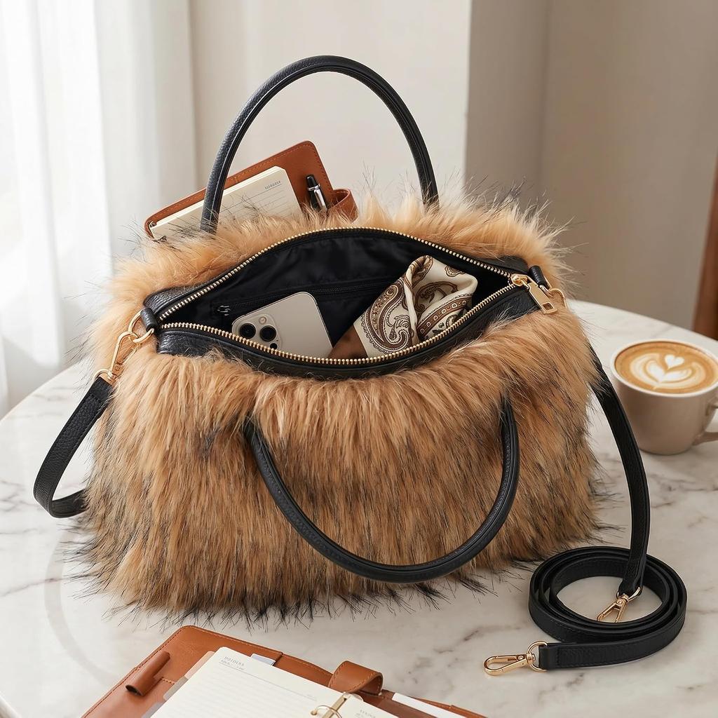 Women Furry Fur Purses Faux Fur Shoulder Handbags Fluffy Tote Bag | Black Plush Purse Brown Cute Fur Clutch Bag Red Grey Fashion Fuzzy Bag for Women